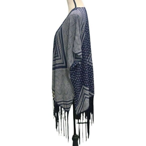 Maurices Womens Open Front Fringe Bottom Cardigan Size S/M Sleeve Blue White - Picture 6 of 12